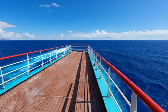 b'An empty cruise ship deck with blue sky and ocean'