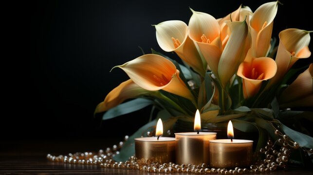 b'Elegant orange calla lilies with burning candles'