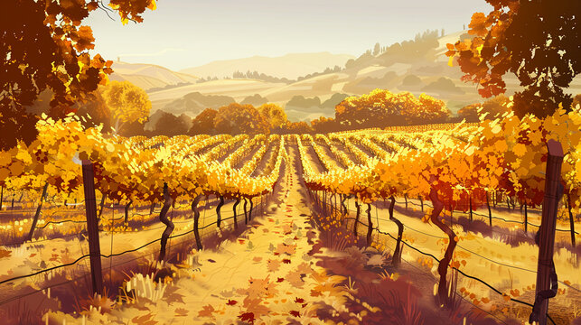 Detailed 3D vector of a late autumn vineyard, rows of vines in golden hues, harvest season in wine country