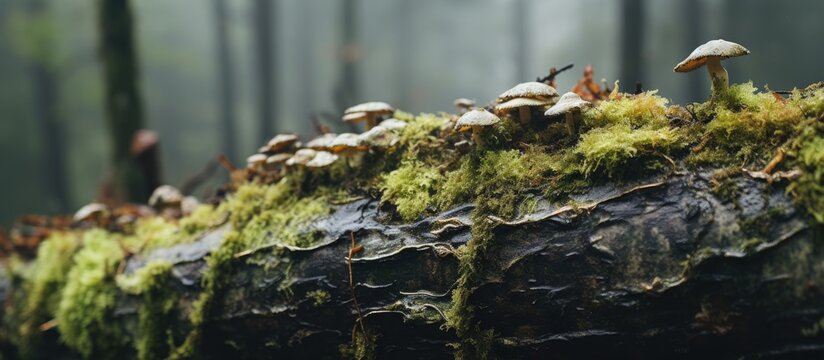 Mushrooms on a green log in a woodland
