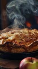 Realistic baked apple pie, close-up with steaming filling, symbolizing home and harvest