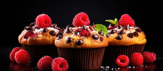 Three cupcakes with chocolate chips and raspberries on a black surface