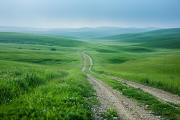 Countryside dirt road through a lush green grassy field