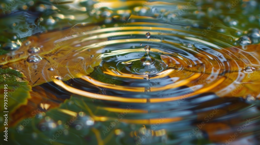 Aufkleber macro shot of raindrops creating ripples on a leaf's surface, a miniature aquatic world.