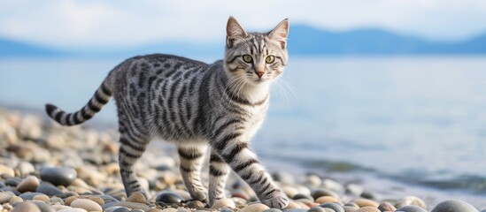 A cat strolling on rocky shore by water