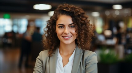 b'Headshot of a young woman with curly hair smiling at the camera' - obrazy, fototapety, plakaty