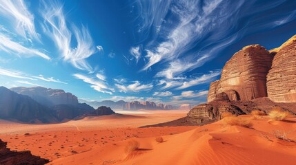 Amazing red sand desert landscape with blue sky and white clouds