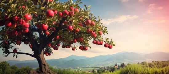 A tree bearing crimson apples stands in a rural meadow