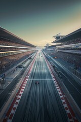 Fototapeta premium Formula One cars racing down a track with grandstands full of spectators
