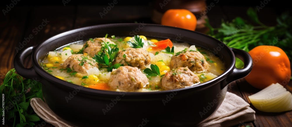 Poster Pot of soup with hearty meatballs and fresh vegetables