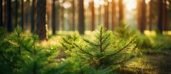 Fotobehang Sun shining through dense pine forest © Ilgun