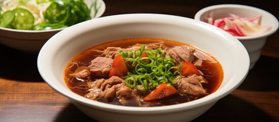 Bowl of hearty soup with meat and vegetables