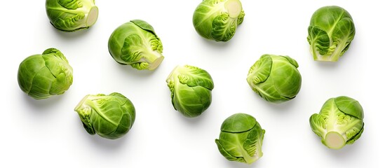 Group of fresh brussels sprouts on a white surface - obrazy, fototapety, plakaty