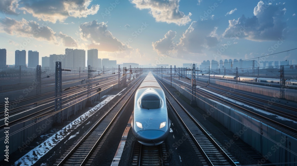Poster panoramic view of a high-speed rail network stretching across vast landscapes, connecting cities wit