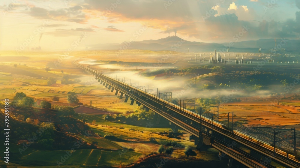 Poster panoramic view of a high-speed rail network stretching across vast landscapes, connecting cities wit