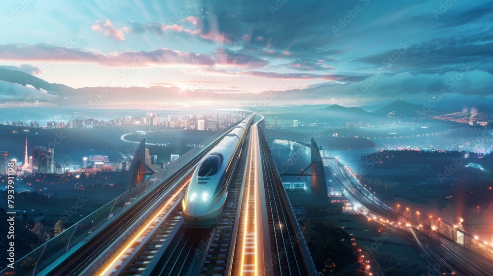 Poster panoramic view of a high-speed rail network stretching across vast landscapes, connecting cities wit