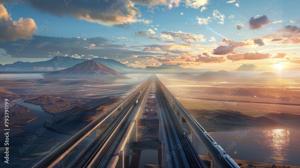 Aufkleber Panoramic view of a high-speed rail network stretching across vast landscapes, connecting cities with rapid transit.