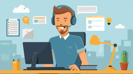 Customer service man with headphones and microphone w