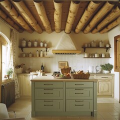 b'Rustic Kitchen Design With Wood Beam Ceiling'