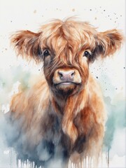Endearing image of a Highland cow with expressive eyes, painted with vibrant watercolors against a soft backdrop