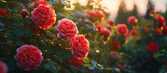 Red roses abound among bush at sunset