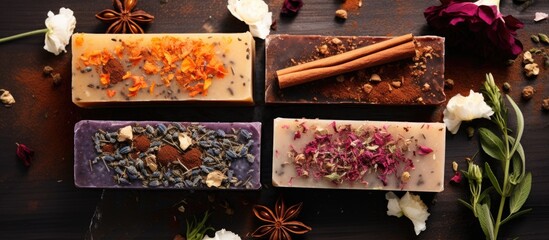 Four soap bars featuring various flowers and spices on a table