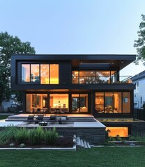 Black Modern House Exterior With Large Windows