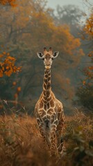 solitary giraffe in the middle of tall grass field