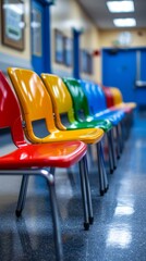 b'A row of colorful chairs in a waiting room'