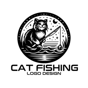 Cat Fishing Vector Logo Design