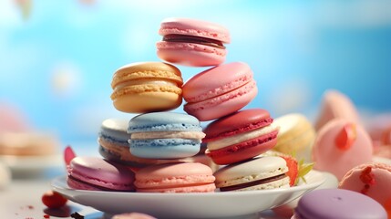  Immerse yourself in the world of confectionery bliss as an array of colorful macarons hover in the air, their delectable presence captured against a spotless PNG background, each detail rendered in  - obrazy, fototapety, plakaty