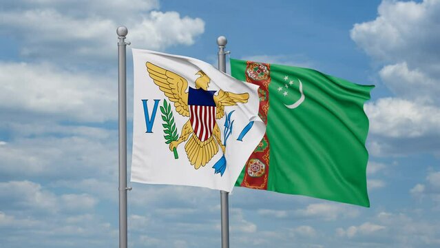 Turkmenistan and Virgin Islands of the United States two flags waving together, looped video, two country cooperation concept