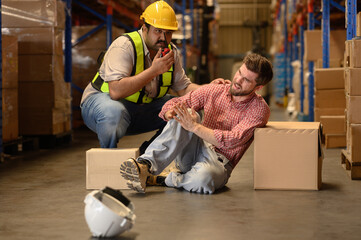 Careless Caucasian warehouse worker holds many large cardboard boxes then some of the box falling and hit by accident and his friend to safe or help him. Injury at Work. - obrazy, fototapety, plakaty