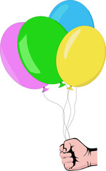 Ensemble de quatre ballons remplis d'hélium de différentes couleurs tenus par une main: bleu, vert, jaune, violet	 - obrazy, fototapety, plakaty