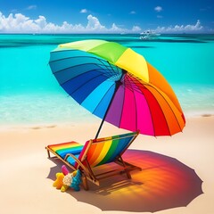 sdraio e ombrellone colorati su spiaggia caraibica