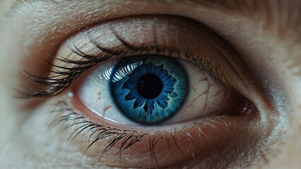 A close up of a blue eye. Macro photography portrait sight design. Vibrant eyeball iris and pupil illustration.