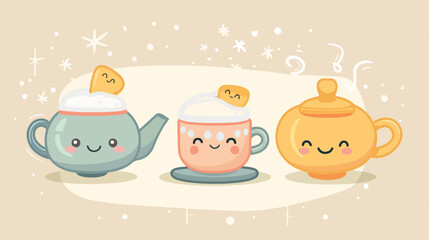 Cute cartoon illustration with tea cup coffee cups 