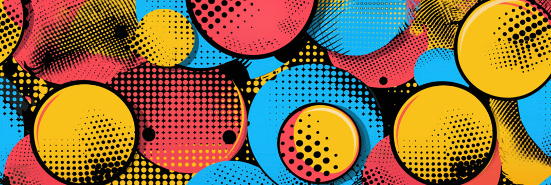 Abstract pop art design with colorful bubbles in various sizes on a contrasting dot-patterned background.