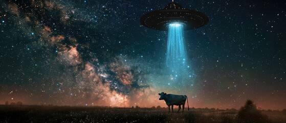 Whimsical image of a cow being gently lifted by a UFO beam into a spacecraft, against a starry night sky, creating a playful extraterrestrial scene, - obrazy, fototapety, plakaty