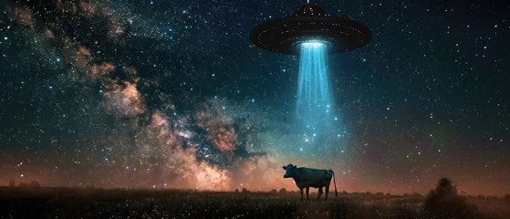 Poster Whimsical image of a cow being gently lifted by a UFO beam into a spacecraft, against a starry night sky, creating a playful extraterrestrial scene, © Pungu x