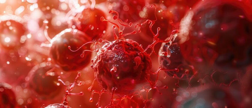Macro 3D illustration of a cluster of leukemia cells, with emphasis on the texture and density differences compared to normal cells, ideal for scientific presentations,