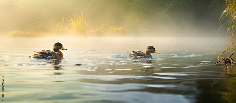 Sticker Ducks swimming in a misty lake