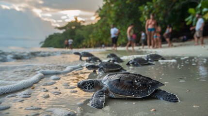 Obraz premium Sea turtle hatchlings making their way to the ocean under the watchful eye of conservationists