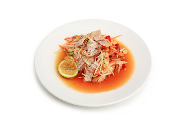 Dried Squid papaya salad in dish isolated on white background. Image with Clipping path. - 793792715