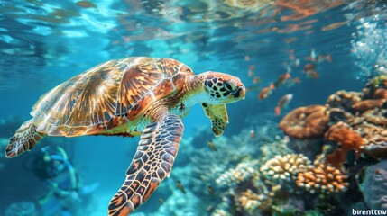 Obraz premium Sea turtle swimming alongside a snorkeler, showcasing the beauty of marine life