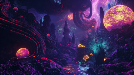 Fantasy surreal alien landscape with vibrant colors, exotic formations, and mysterious orbs.