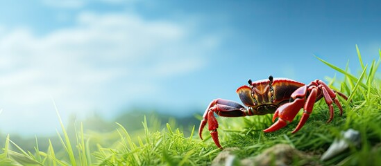 Crab resting grassy field