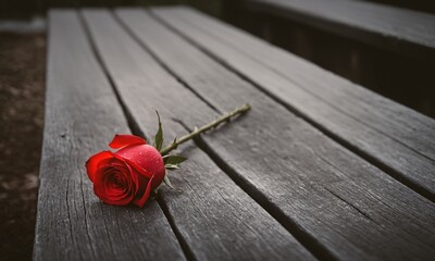 Red Rose Resting on Bench