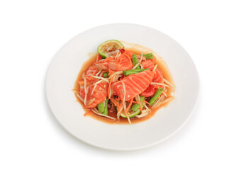 Salmon papaya salad in dish isolated on white background. Image with Clipping path. - 793792791