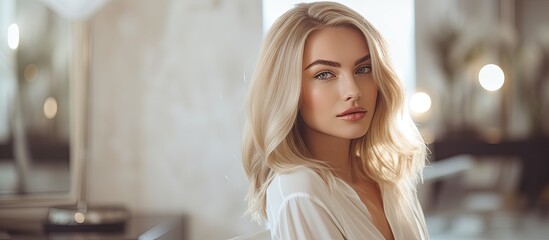 A woman in white robe with blonde hair - obrazy, fototapety, plakaty